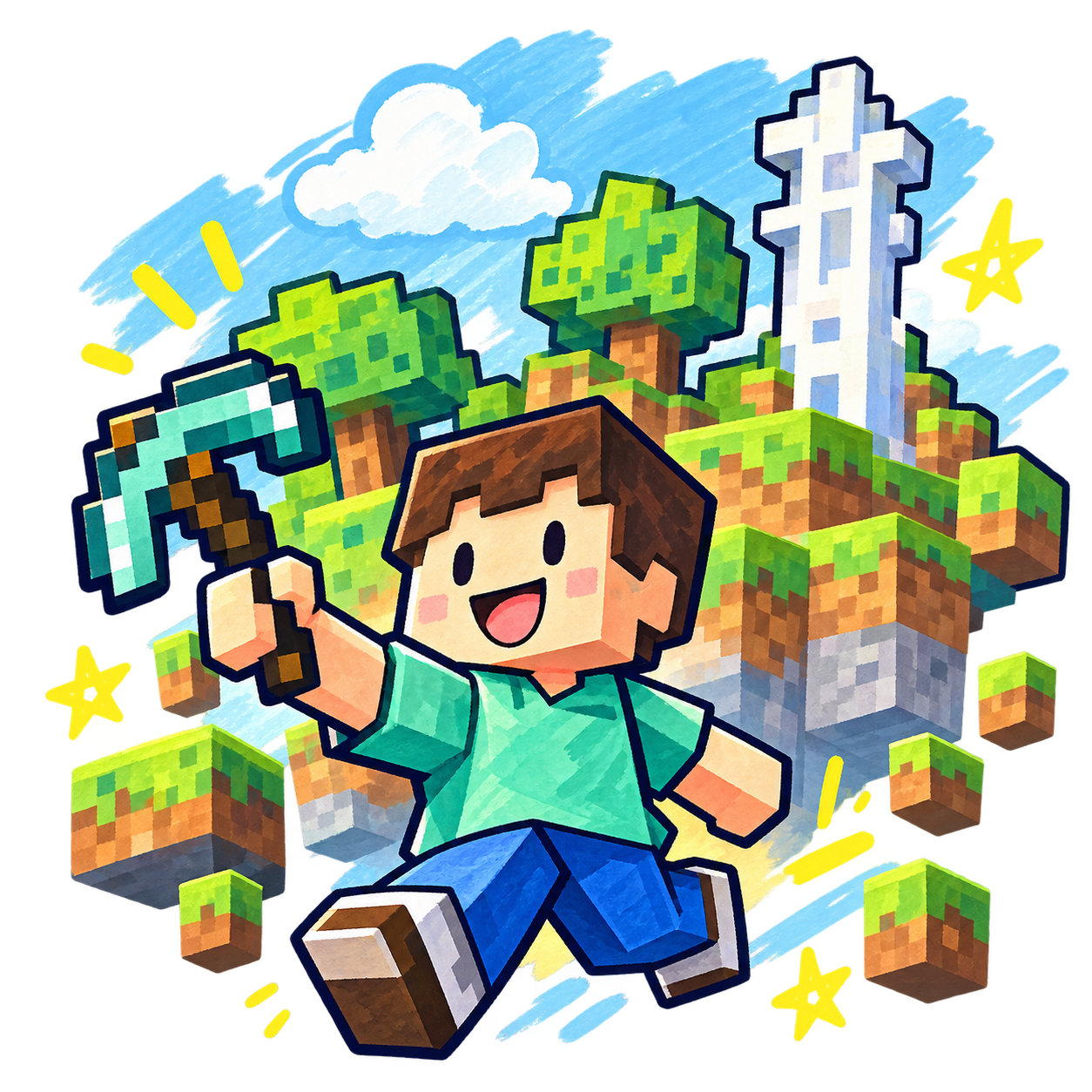 ブロックで世界をつくるイメージイラスト
