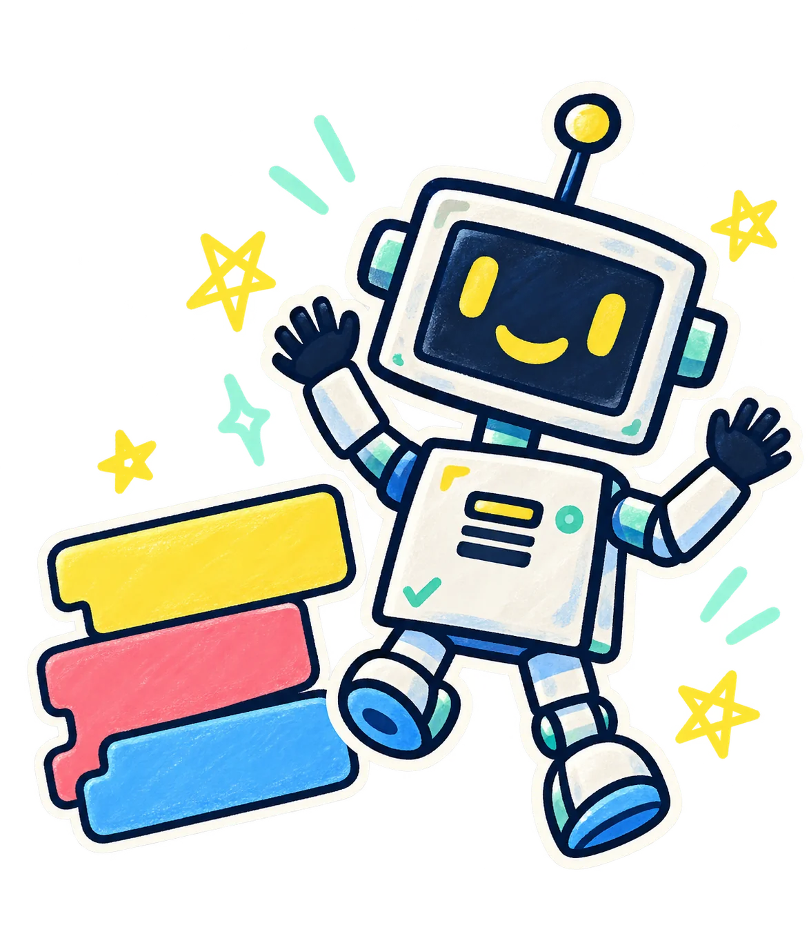 手を振るロボットとカラフルなプログラミングブロックのイラスト
