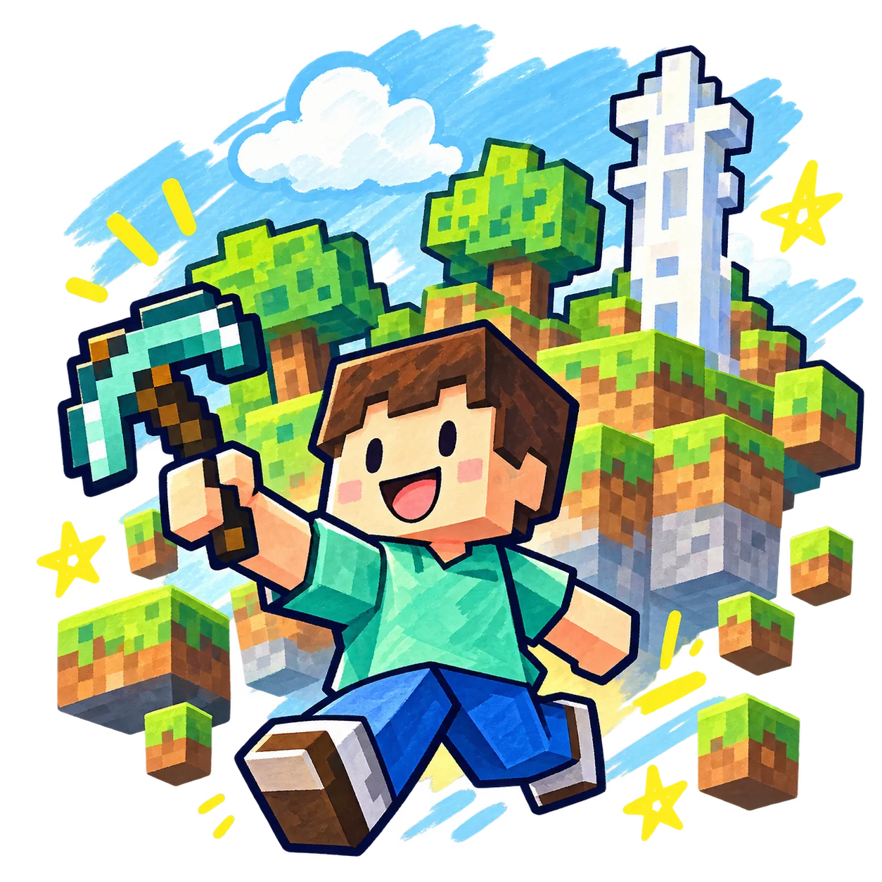 ブロックでつくった世界と、道具を持つ子どものイラスト